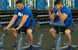 آموزش حرکت جلو بازو سیم کش نشسته آرنج روی نیمکت